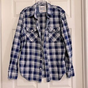🦅 American Eagle Relaxed Fit Button Up Blue & White Plaid Flannel Shirt, Size L